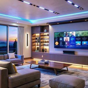 Modern living room with large TV and LED lights.